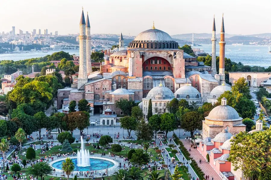 The Hagia Sophia and its surrounding grounds seen from above in Istanbul, Turkey