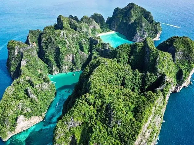 Phi Phi Leh from the air, with Maya Bay and Pileh Lagoon