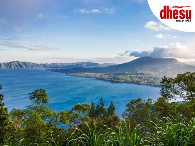 Panoramic view of Mount Batur active volcano and Lake Batur in Kintamani, Bali
