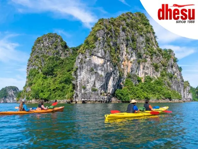 Halong Bay kayaking Luon Cave limestone karst lagoon Vietnam