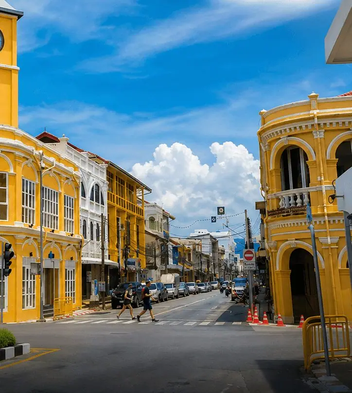 Sino-Portuguese shophouses and the clock tower in Phuket Old Town
