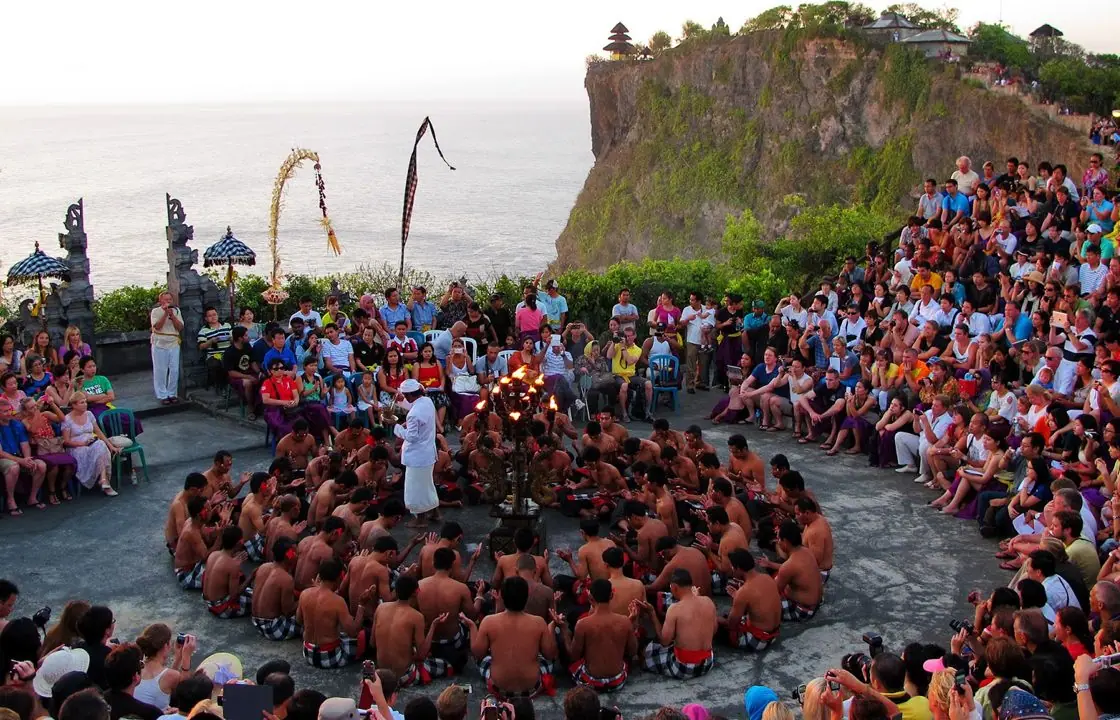 The Kecak fire dance performed on the Uluwatu cliffs at sunset, Bali