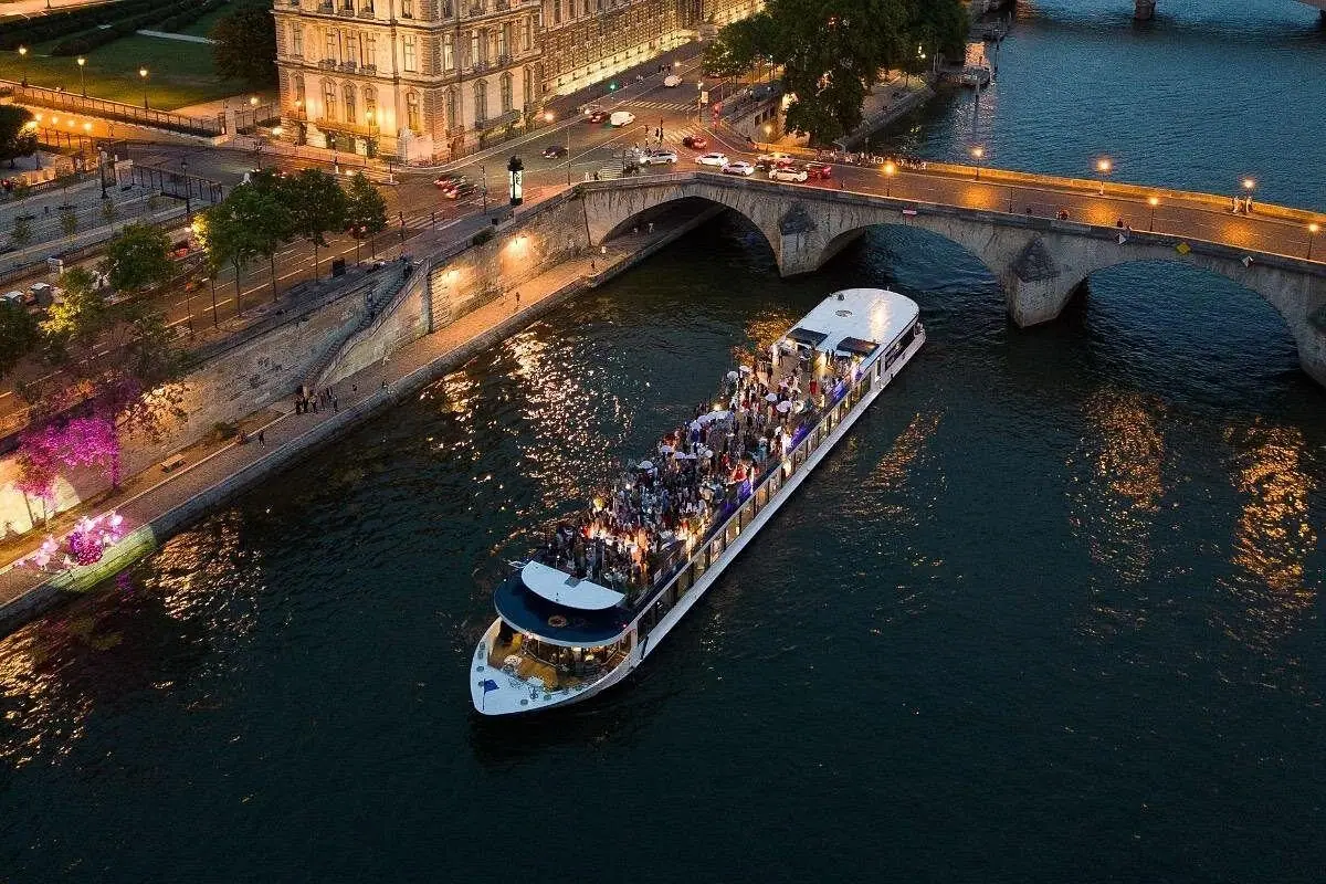 An evening cruise boat on the Seine in Paris
