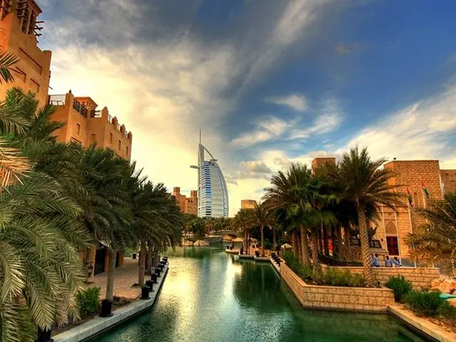 The Madinat Jumeirah waterway with Burj Al Arab beyond