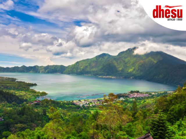 Panoramic view of Mount Batur volcano and Lake Batur from Kintamani highlands, Bali